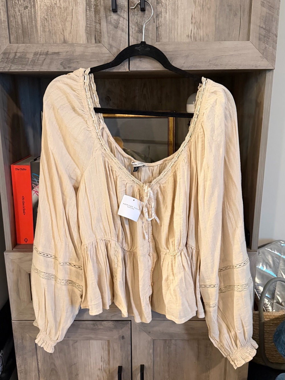 American Eagle Outfitters Cream Peasant Blouse with Tie Neck